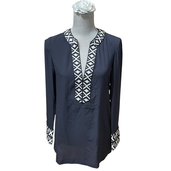 TORY BURCH NAVY EMBROIDERED TAPED TUNIC SIZE 2 - Picture 1 of 12
